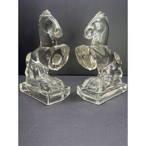 Vintage L.E. Smith Glass Rearing Horse Bookends Heavy Clear Figurine 7" Tall MCM
